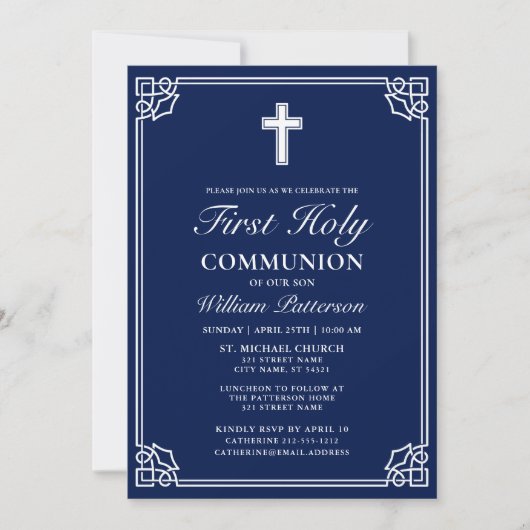First Holy Communion Elegant Geweven Lijst Navy Bl Kaart (Voorkant)