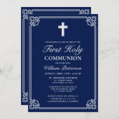 First Holy Communion Elegant Geweven Lijst Navy Bl Kaart (Voorkant / Achterkant)