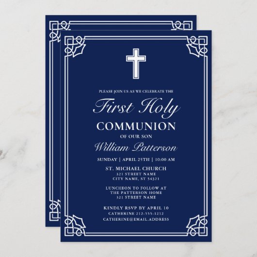 First Holy Communion Elegant Geweven Lijst Navy Bl Kaart (Voorkant / Achterkant)