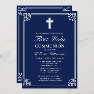 First Holy Communion Elegant Geweven Lijst Navy Bl Kaart