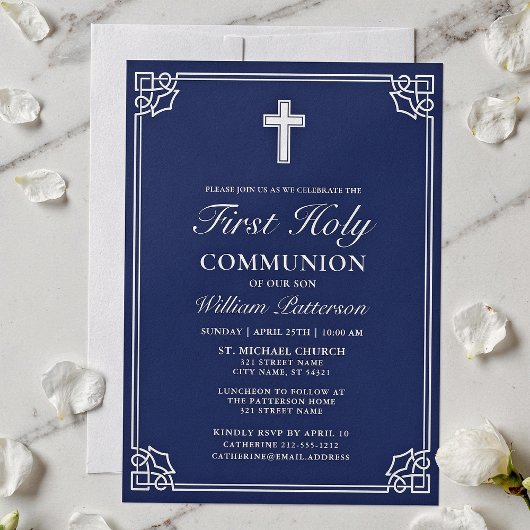 First Holy Communion Elegant Geweven Lijst Navy Bl Kaart