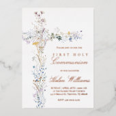 First Holy Communion floral cross Folie Uitnodiging (Voorkant)