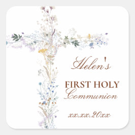 First Holy Communion floral cross Vierkante Sticker
