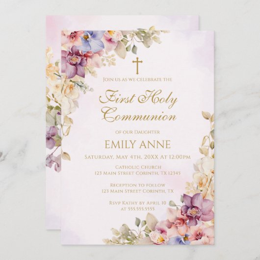First Holy Communion Floral Orchids Invitation Kaart (Voorkant / Achterkant)