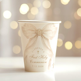 First Holy Communion Gold Cross Ivory Bow Papieren Bekers