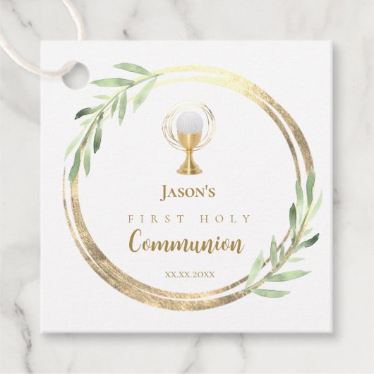 First Holy Communion golden circle green leaves Bedankjes Labels (Voorkant)