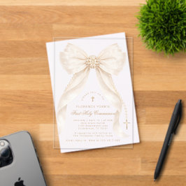 First Holy Communion Neutral Bow Pearls Gold Acryl Uitnodigingen