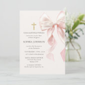 First Holy Communion Pink Bow Girl Invitation Kaart (Staand voorkant)