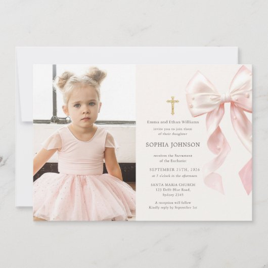 First Holy Communion Pink Bow Girl Photo Kaart (Voorkant)