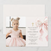 First Holy Communion Pink Bow Girl Photo Kaart (Voorkant / Achterkant)