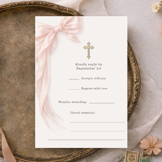 First Holy Communion Pink Bow Girl RSVP Kaart