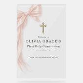 First Holy Communion Pink Bow Girl Welcome Acryl Bord (Voorkant)