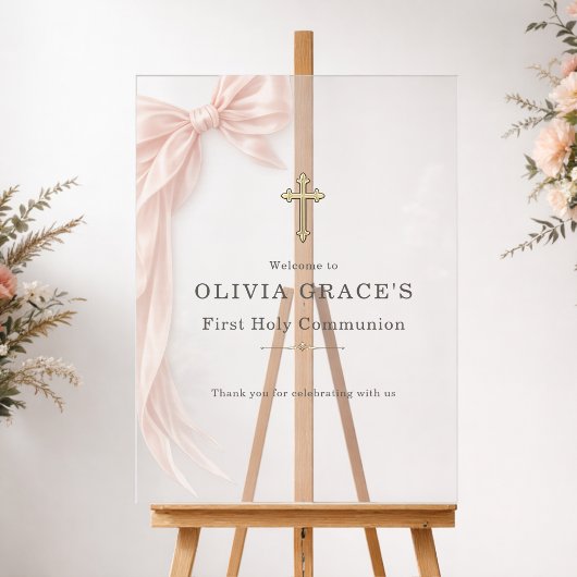 First Holy Communion Pink Bow Girl Welcome Acryl Bord