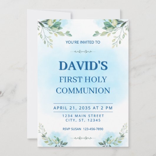 First Holy Communion Watercolor Greenery Blue  Kaart (Voorkant)