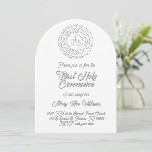 First Holy Communion white grey shadow text Kaart (Staand voorkant)