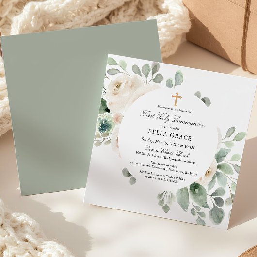 First Holy Communion White Rose Floral Square Kaart