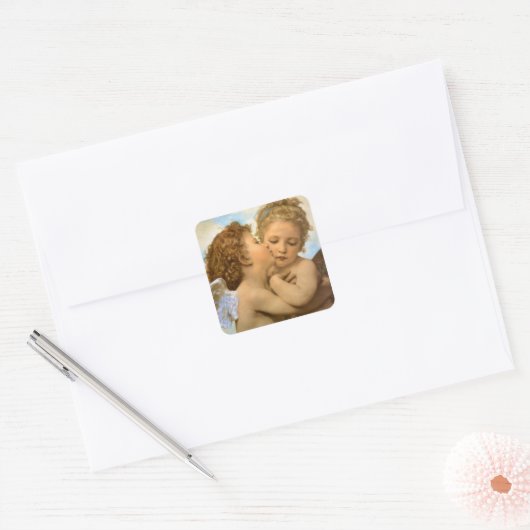 First Kiss (engeldetail) van Bouguereau Vierkante Sticker (Envelop)
