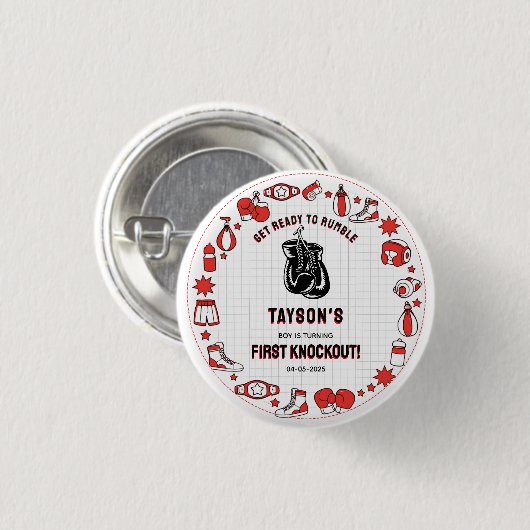 First Knockout Boxing 1e verjaardag – Fun Kids Ronde Button 3,2 Cm (Voorkant /achterkant)