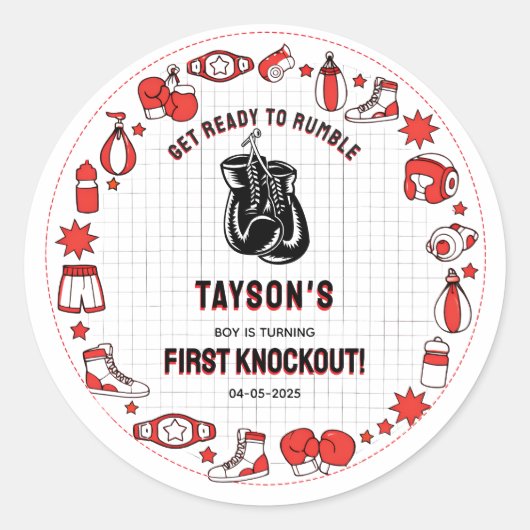 First Knockout Boxing 1e verjaardag – Fun Kids Ronde Sticker (Voorkant)