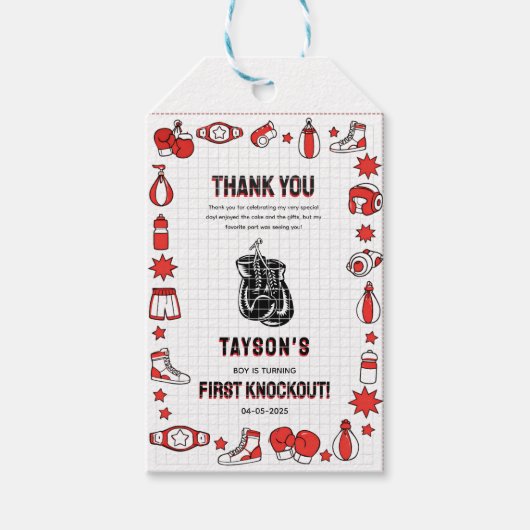 First Knockout Boxing 1st Birthday – Fun Kids Cadeaulabel (Voorkant)