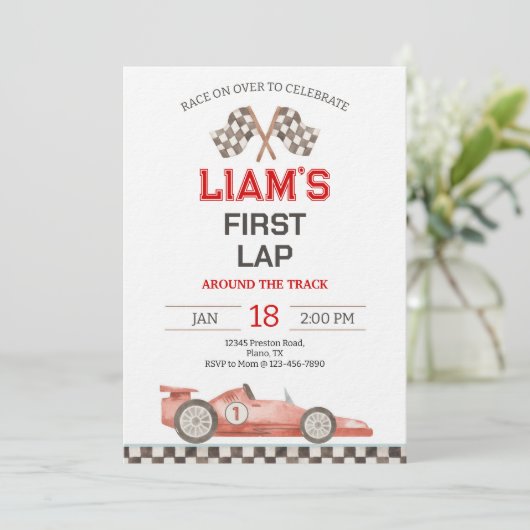 First Lap Around The Track Race Car 1st Birthday Kaart (Staand voorkant)