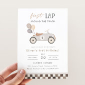 First Lap Beige Race Car & Balloons 1st Birthday Kaart
