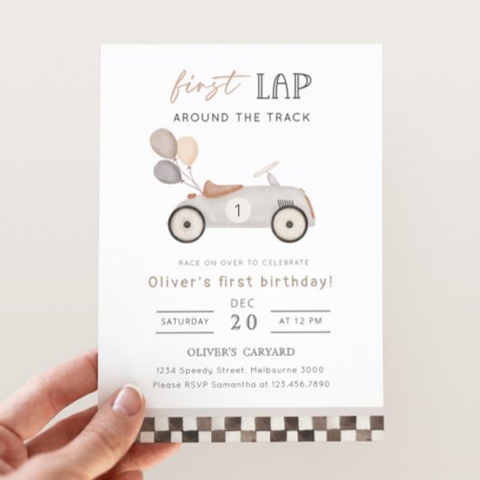 First Lap Beige Race Car & Balloons 1st Birthday Kaart
