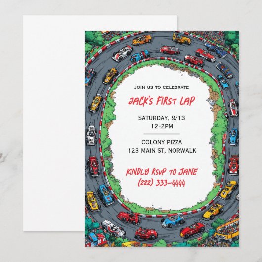 First Lap Boy's First Birthday Invitation Kaart (Voorkant / Achterkant)