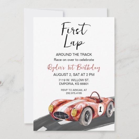 First Lap Race Car 1st Birthday Invitation Kaart (Voorkant)