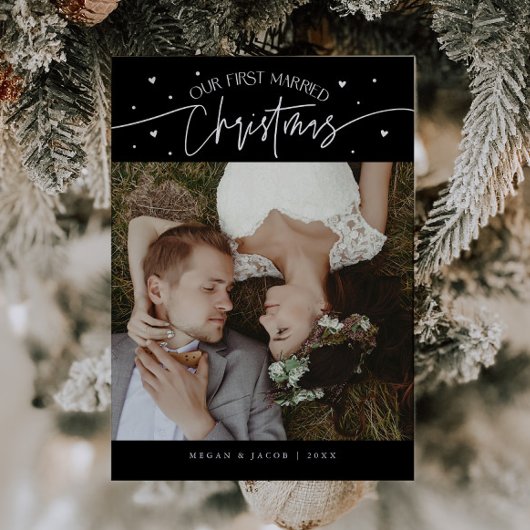 First Married Christmas Newlywed Photo Black Feestdagenkaart