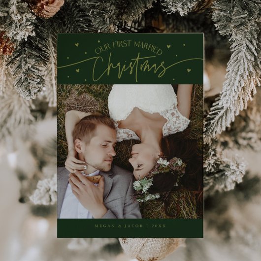 First Married Christmas Newlywed Photo Green Feestdagenkaart
