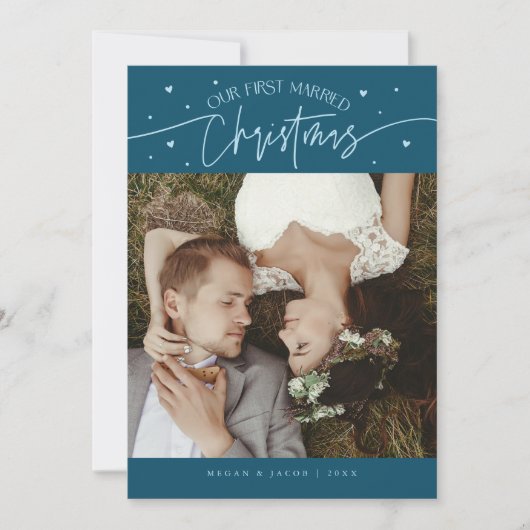First Married Christmas Newlywed Photo Teal Feestdagenkaart (Voorkant)