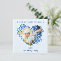 First Mother's Day Photo Heart Frame Baby Blue Bow