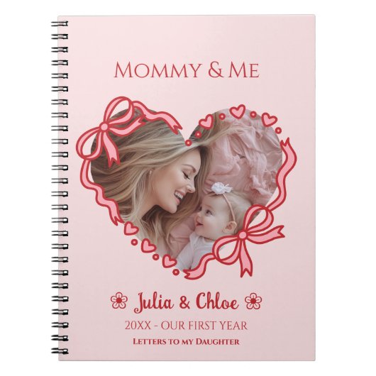First Mother's Day Photo Heart Frame Red Pink Bow Notitieboek (Voorkant)