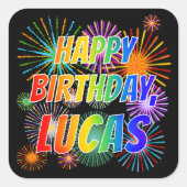 First Name "LUCAS", Fun "HAPPY BIRTHDAY" Vierkante Sticker (Voorkant)