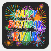 First Name "RYAN", Fun "HAPPY BIRTHDAY" Vierkante Sticker (Voorkant)