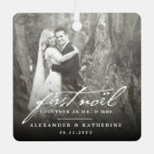 First Noel Old Handwriting Holiday Weduwfoto Metalen Ornament (Voorkant)