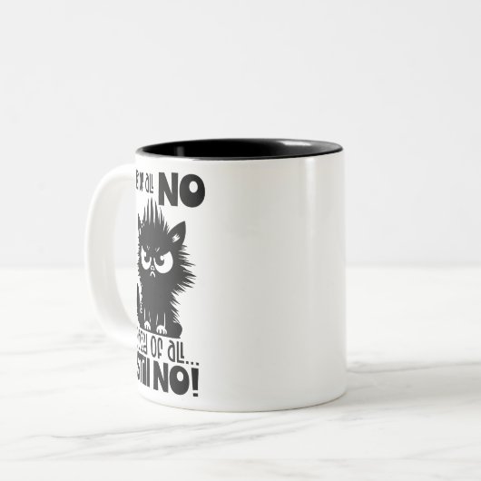 First Of All, No Funny Cat Lover Gift  Tweekleurige Koffiemok (Voorkant links)