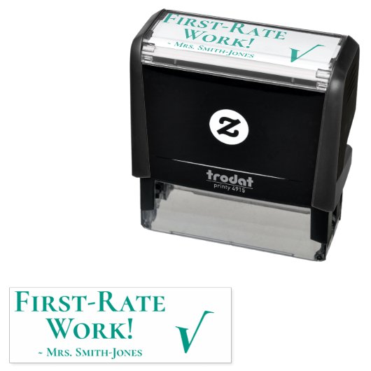 "First Rate Work!" + Rubber Stamp Naam instructeur Zelfinktende Stempel (In situ)