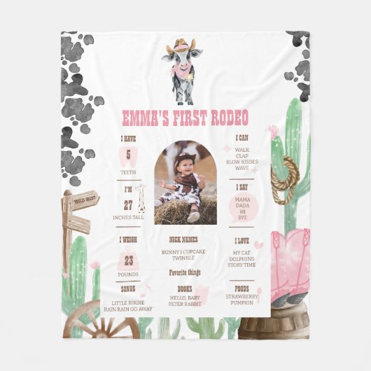First Rodeo Baby Cow Wild West Milestone Sign  Fleece Deken (Voorkant)