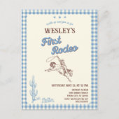 First Rodeo Blue Plaid 1st Birthday Uitnodiging Briefkaart (Voorkant)
