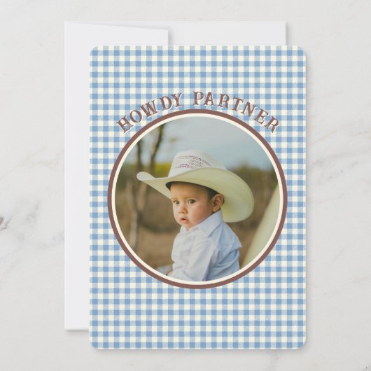 First Rodeo Blue Plaid First Birthday Invitation Kaart (Achterkant)