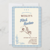 First Rodeo Blue Plaid First Birthday Invitation Kaart (Voorkant)