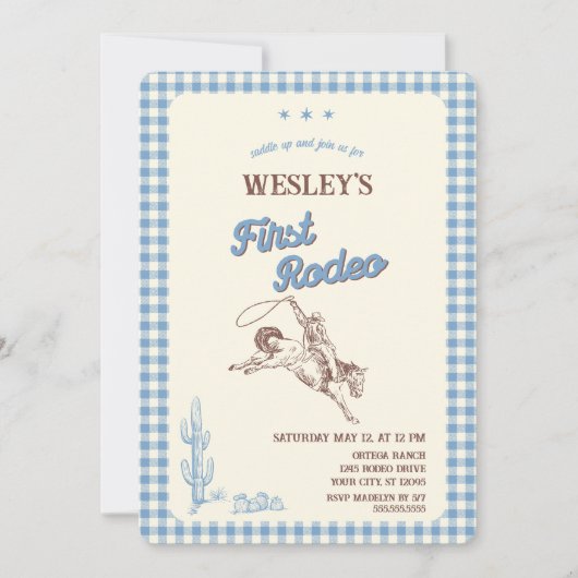 First Rodeo Blue Plaid First Birthday Invitation Kaart (Voorkant)