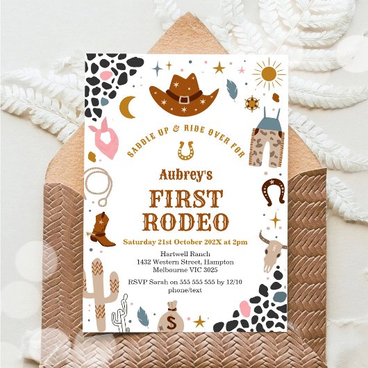 First Rodeo Cowbow Western 1st Birthday Invitation Kaart