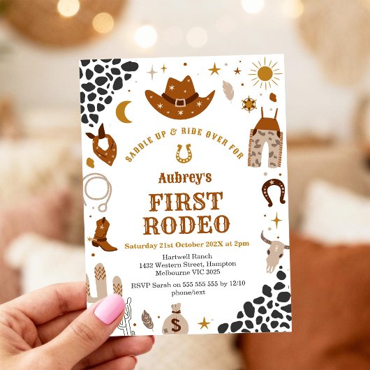 First Rodeo Cowbow Western 1st Birthday Invitation Kaart