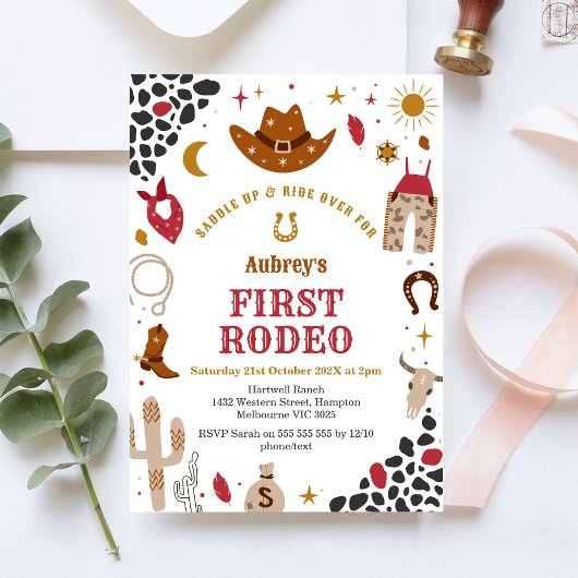 First Rodeo Cowbow Western 1st Birthday Invitation Kaart