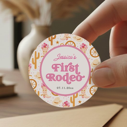 First Rodeo Cowgirl Pink 1st Birthday Party Ronde Sticker