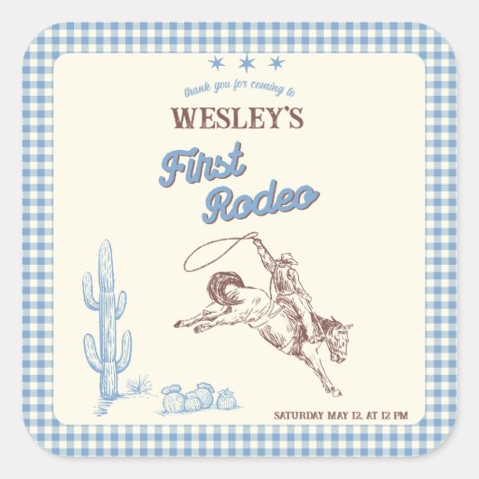First Rodeo Wild West Boys 1st Birthday Party  Vierkante Sticker (Voorkant)