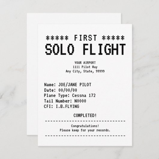 First Solo Flight Congratulations Flat Card (Voorkant / Achterkant)